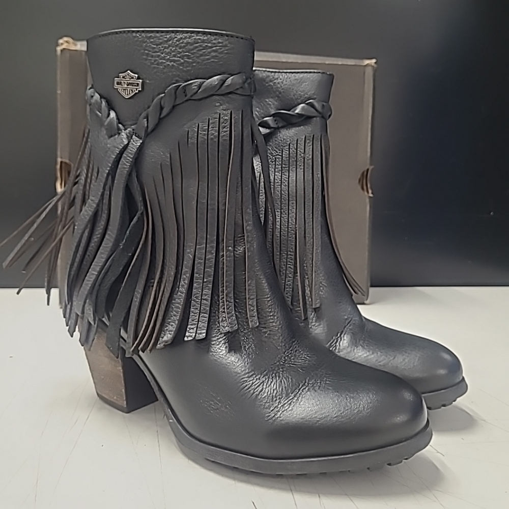 Harley Davidson Boots Women 8 Retta Fringe Booties Black Noir Leather Biker Heel